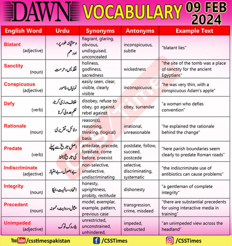 Daily DAWN News Vocabulary with Urdu Meaning (09 Feb 2024)
