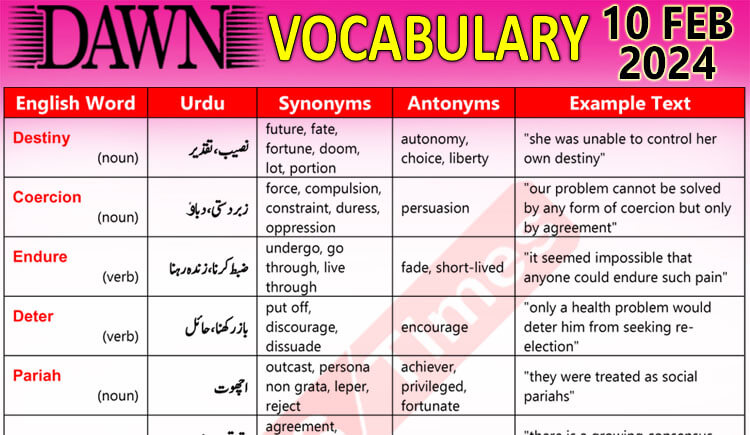 Daily DAWN News Vocabulary with Urdu Meaning (10 Feb 2024)