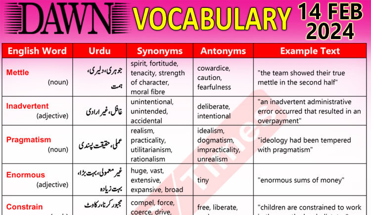 Daily DAWN News Vocabulary with Urdu Meaning (14 Feb 2024)