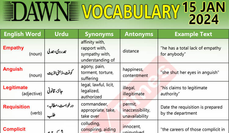 Daily DAWN News Vocabulary with Urdu Meaning (15 Jan 2024)