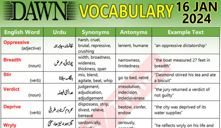 Daily DAWN News Vocabulary with Urdu Meaning (16 Jan 2024)