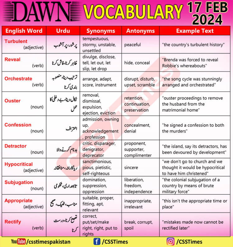 Daily DAWN News Vocabulary with Urdu Meaning (17 Feb 2024)