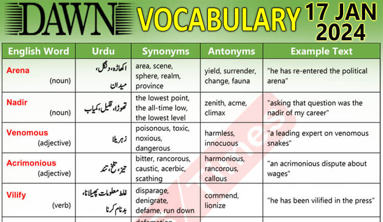 Daily DAWN News Vocabulary with Urdu Meaning (17 Jan 2024)