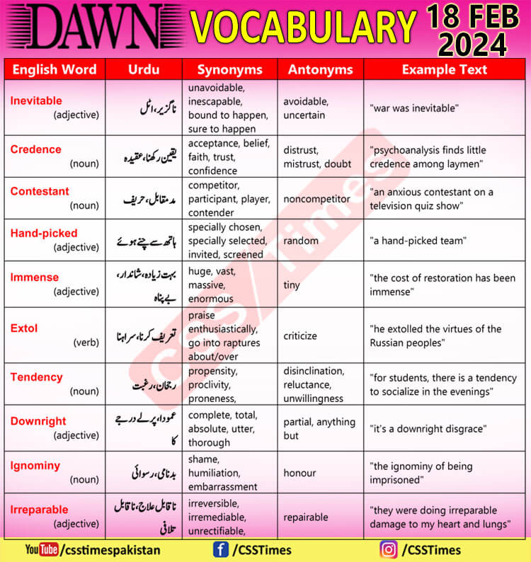 Daily DAWN News Vocabulary with Urdu Meaning (18 Feb 2024)