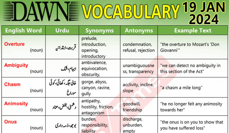 Daily DAWN News Vocabulary with Urdu Meaning (19 Jan 2024)