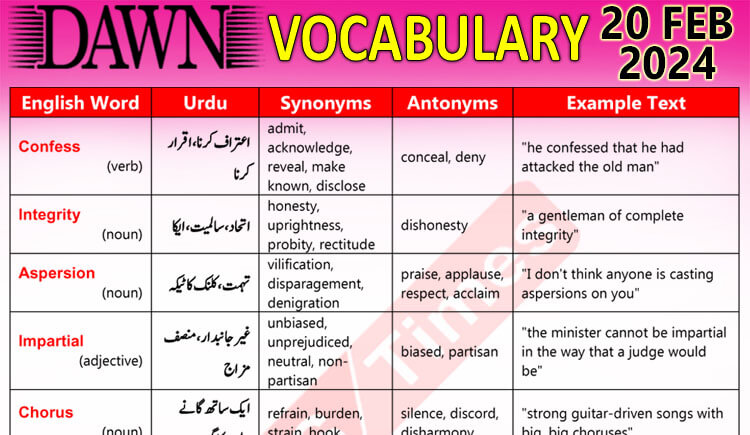 Daily DAWN News Vocabulary with Urdu Meaning (20 Feb 2024)