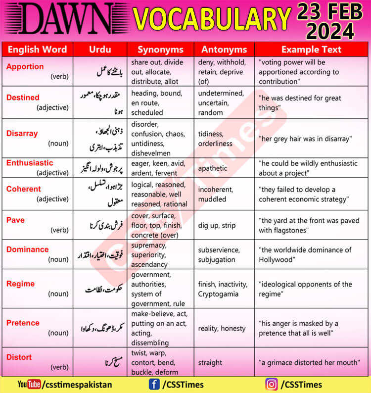 Daily DAWN News Vocabulary with Urdu Meaning (23 Feb 2024)