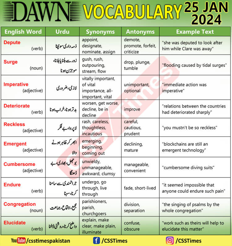 Daily DAWN News Vocabulary with Urdu Meaning (25 Jan 2024)