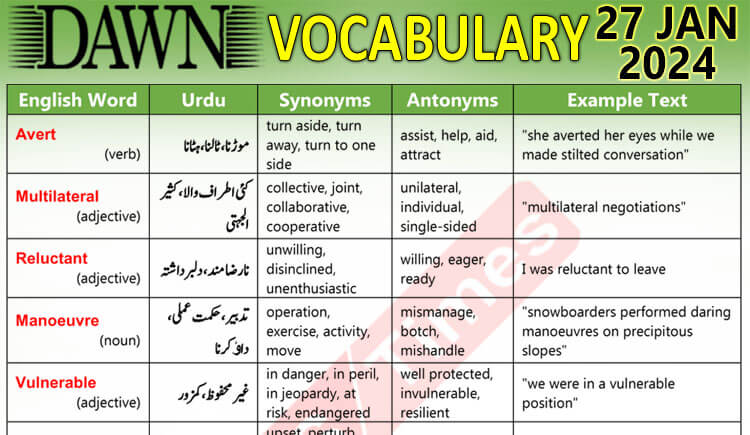 Daily DAWN News Vocabulary with Urdu Meaning (27 Jan 2024)