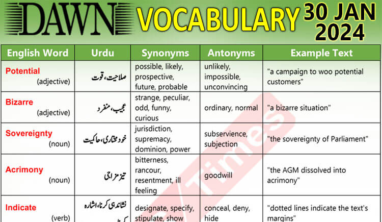 Daily DAWN News Vocabulary with Urdu Meaning (30 Jan 2024)