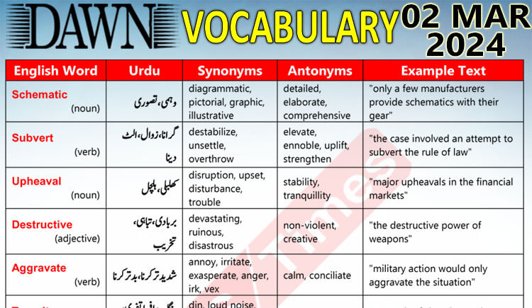 Daily DAWN News Vocabulary with Urdu Meaning (02 Mar 2024)