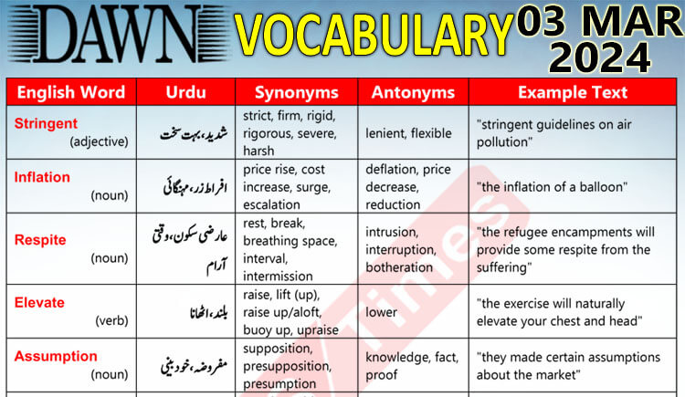 Daily DAWN News Vocabulary with Urdu Meaning (03 Mar 2024)