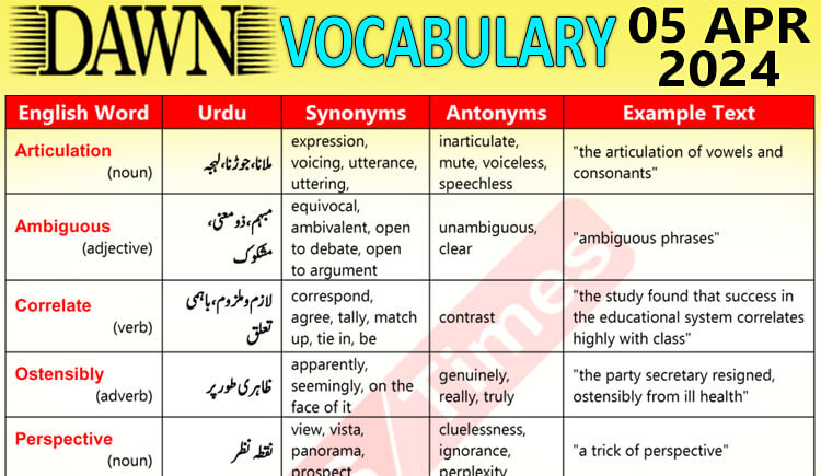 Daily DAWN News Vocabulary with Urdu Meaning (05 Apr 2024)