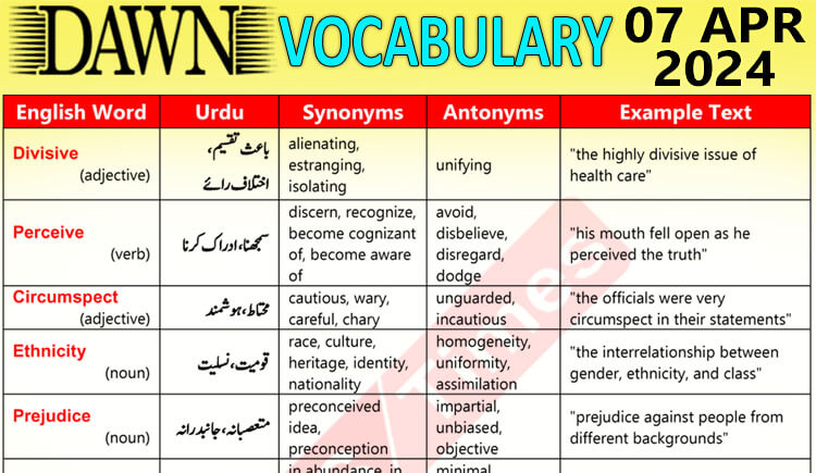 Daily DAWN News Vocabulary with Urdu Meaning (07 Apr 2024)