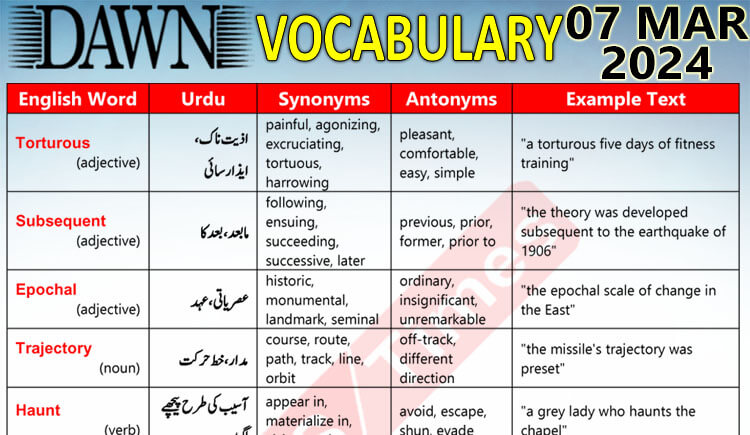 Daily DAWN News Vocabulary with Urdu Meaning (07 Mar 2024)