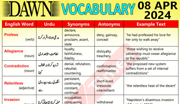 Daily DAWN News Vocabulary with Urdu Meaning (08 Apr 2024)
