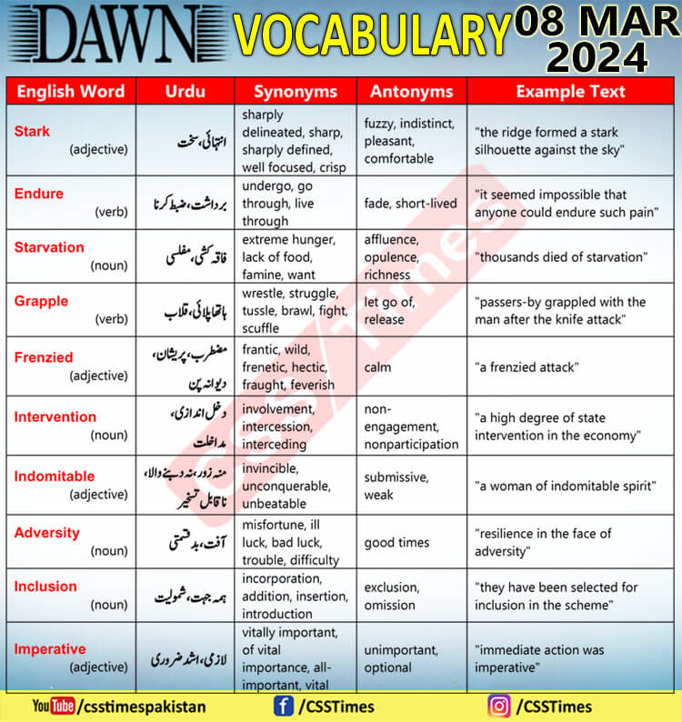 Daily DAWN News Vocabulary with Urdu Meaning (08 Mar 2024)