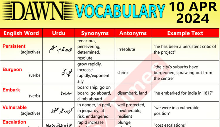 Daily DAWN News Vocabulary with Urdu Meaning (10 Apr 2024)