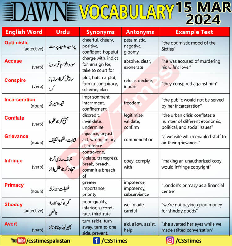 Daily DAWN News Vocabulary with Urdu Meaning (15 Mar 2024)