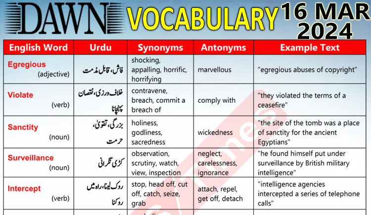 Daily DAWN News Vocabulary with Urdu Meaning (16 Mar 2024)