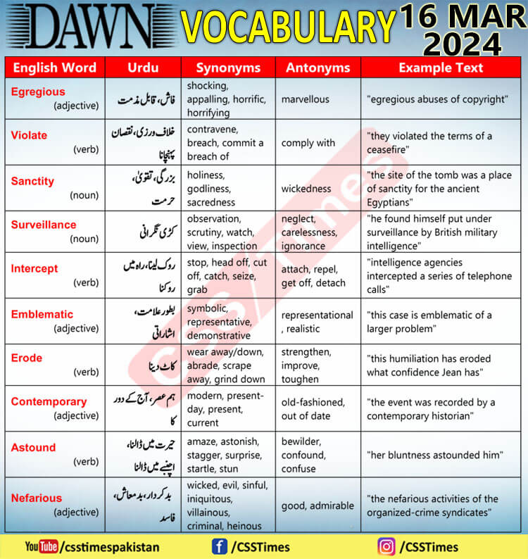 Daily DAWN News Vocabulary with Urdu Meaning (16 Mar 2024)