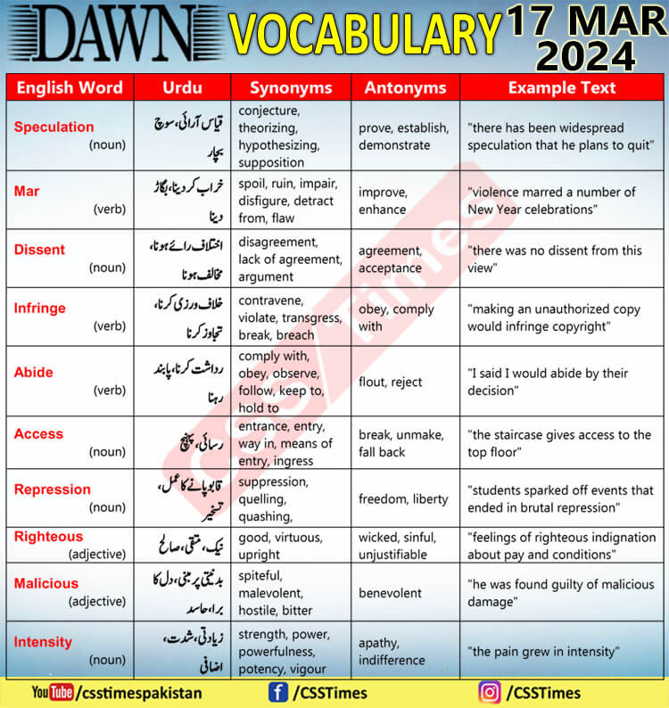 Daily DAWN News Vocabulary with Urdu Meaning (17 Mar 2024)
