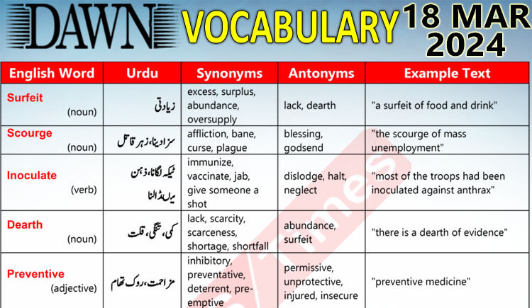 Daily DAWN News Vocabulary with Urdu Meaning (18 Mar 2024)