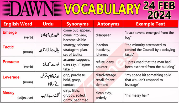 Daily DAWN News Vocabulary with Urdu Meaning (24 Feb 2024)