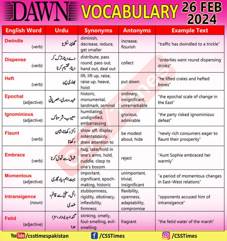 Daily DAWN News Vocabulary with Urdu Meaning (26 Feb 2024)