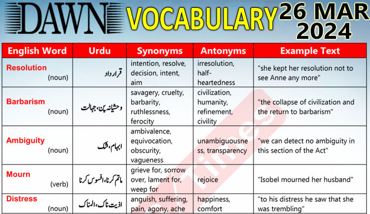 Daily DAWN News Vocabulary with Urdu Meaning (26 Mar 2024)