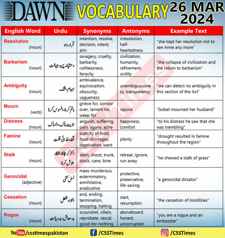 Daily DAWN News Vocabulary with Urdu Meaning (26 Mar 2024)