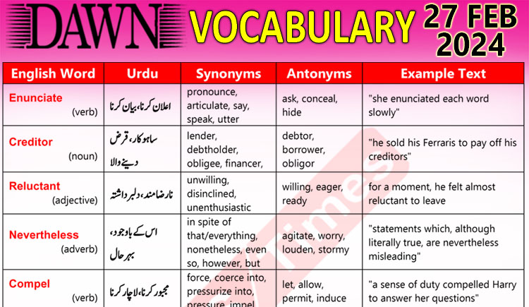 Daily DAWN News Vocabulary with Urdu Meaning (27 Feb 2024)