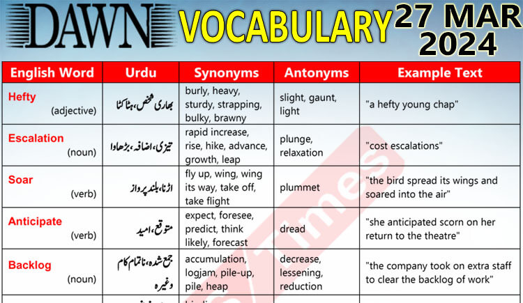 Daily DAWN News Vocabulary with Urdu Meaning (27 Mar 2024)