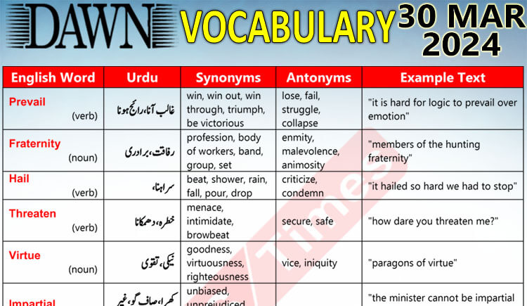 Daily DAWN News Vocabulary with Urdu Meaning (30 Mar 2024)