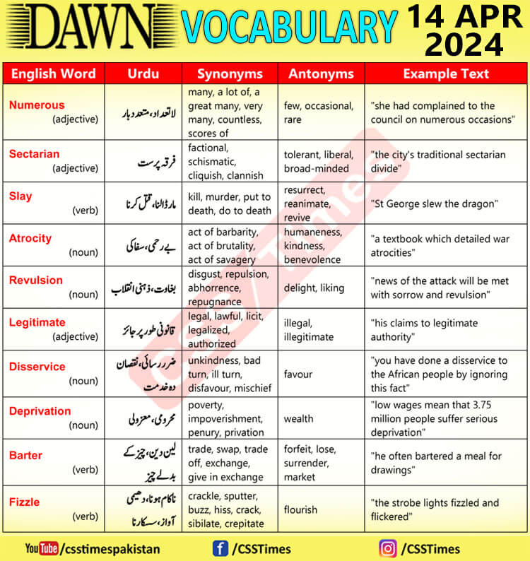Daily DAWN News Vocabulary with Urdu Meaning (14 Apr 2024)