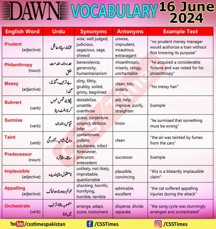 Daily DAWN News Vocabulary with Urdu Meaning (16 June 2024)
